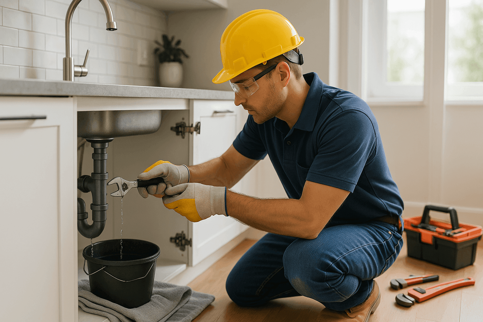 Technician using tools to fix burst pipe under kitchen sink
