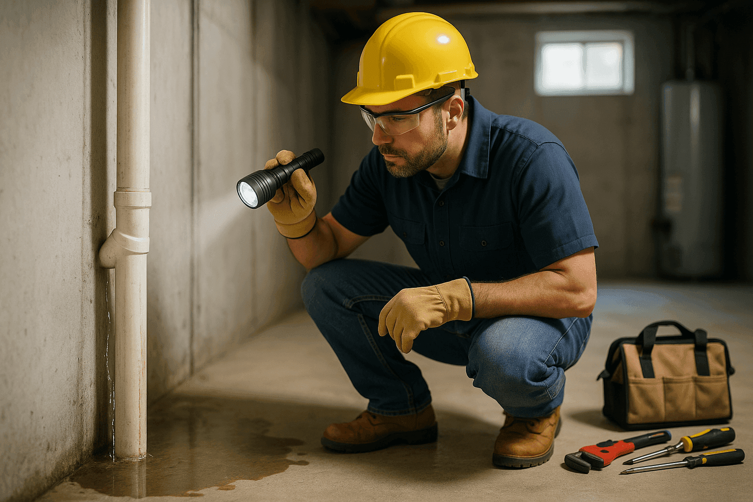 Handyman assessing water damage near leaking pipe