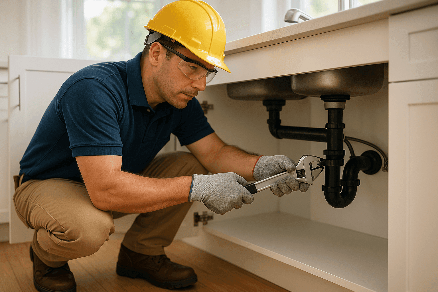 Handyman tightening sink pipe under kitchen cabinet with wrench