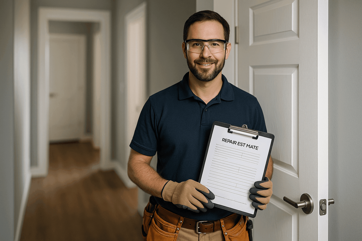 Handyman holding estimate clipboard next to repaired door